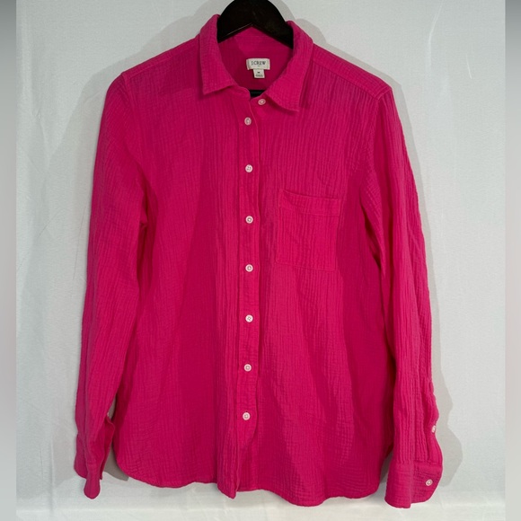 J. Crew Tops - J CREW Hot Pink Women's cotton Gauze button up long sleeve shirt Medium